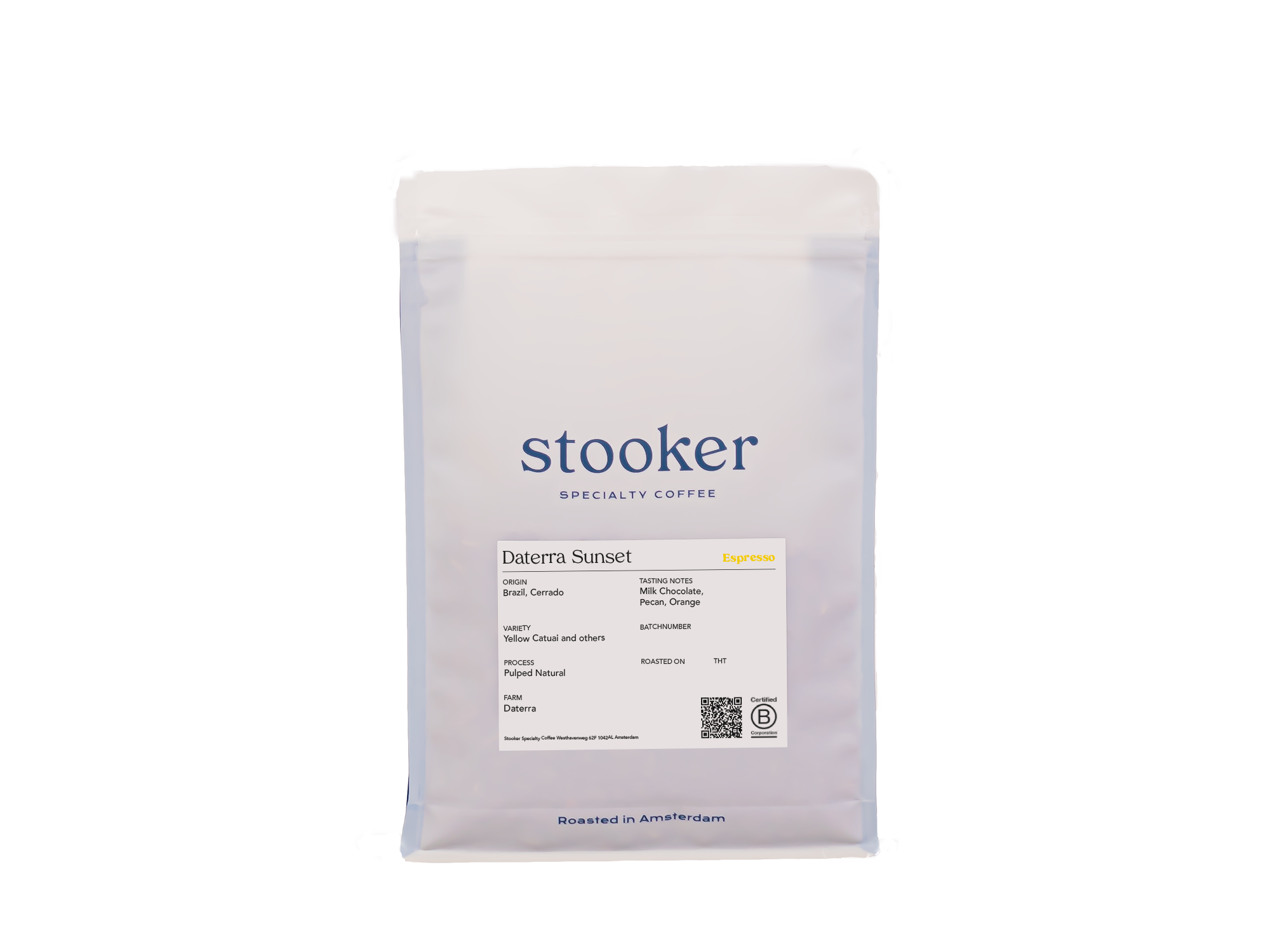 A packaged bag of Daterra Sunset coffee from Brazil with the Stooker Specialty Coffee brand logo and product information visible.